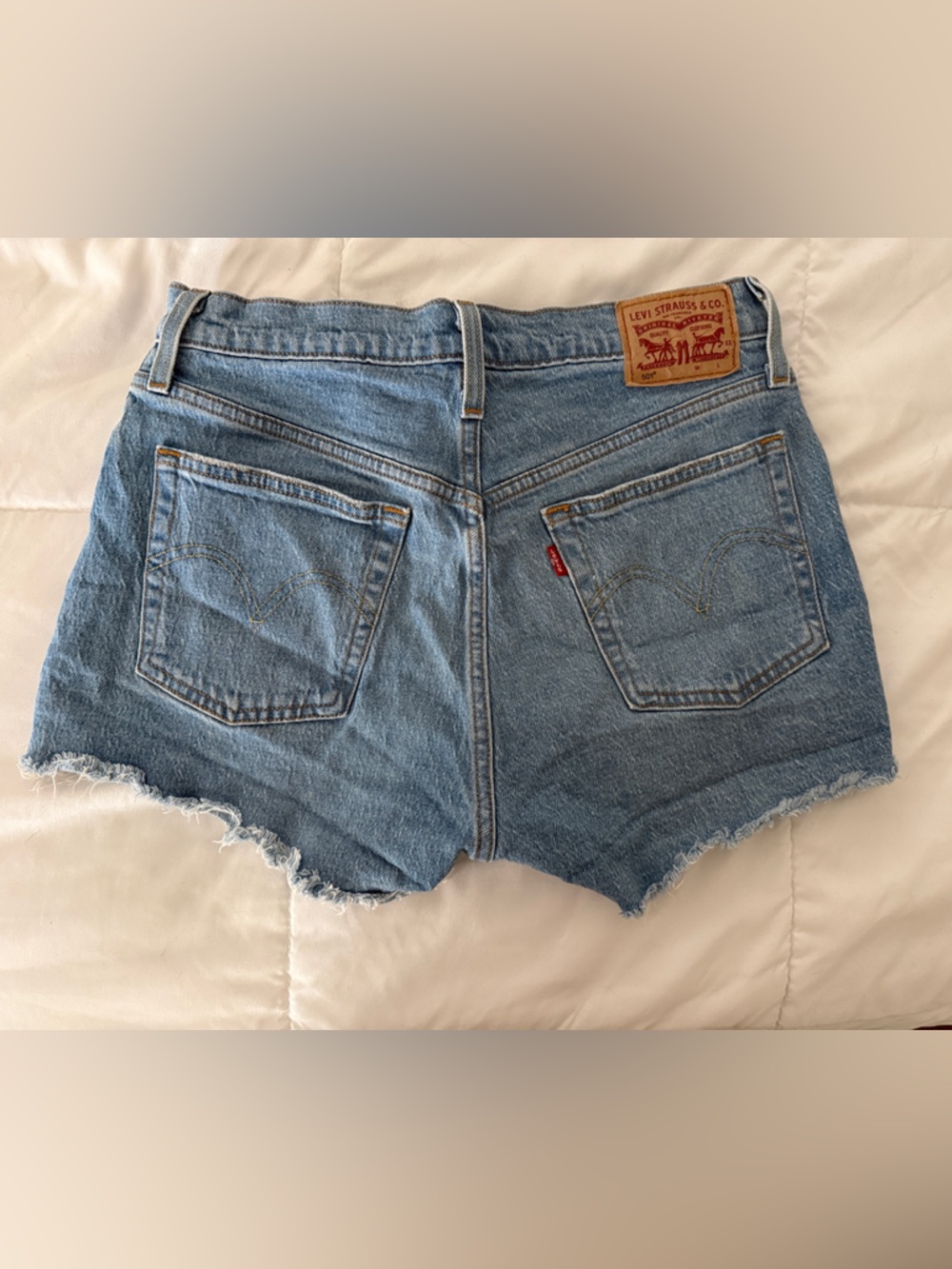 Levi's Light Blue Frayed Button-Fly Denim Shorts - Picture 2 of 3